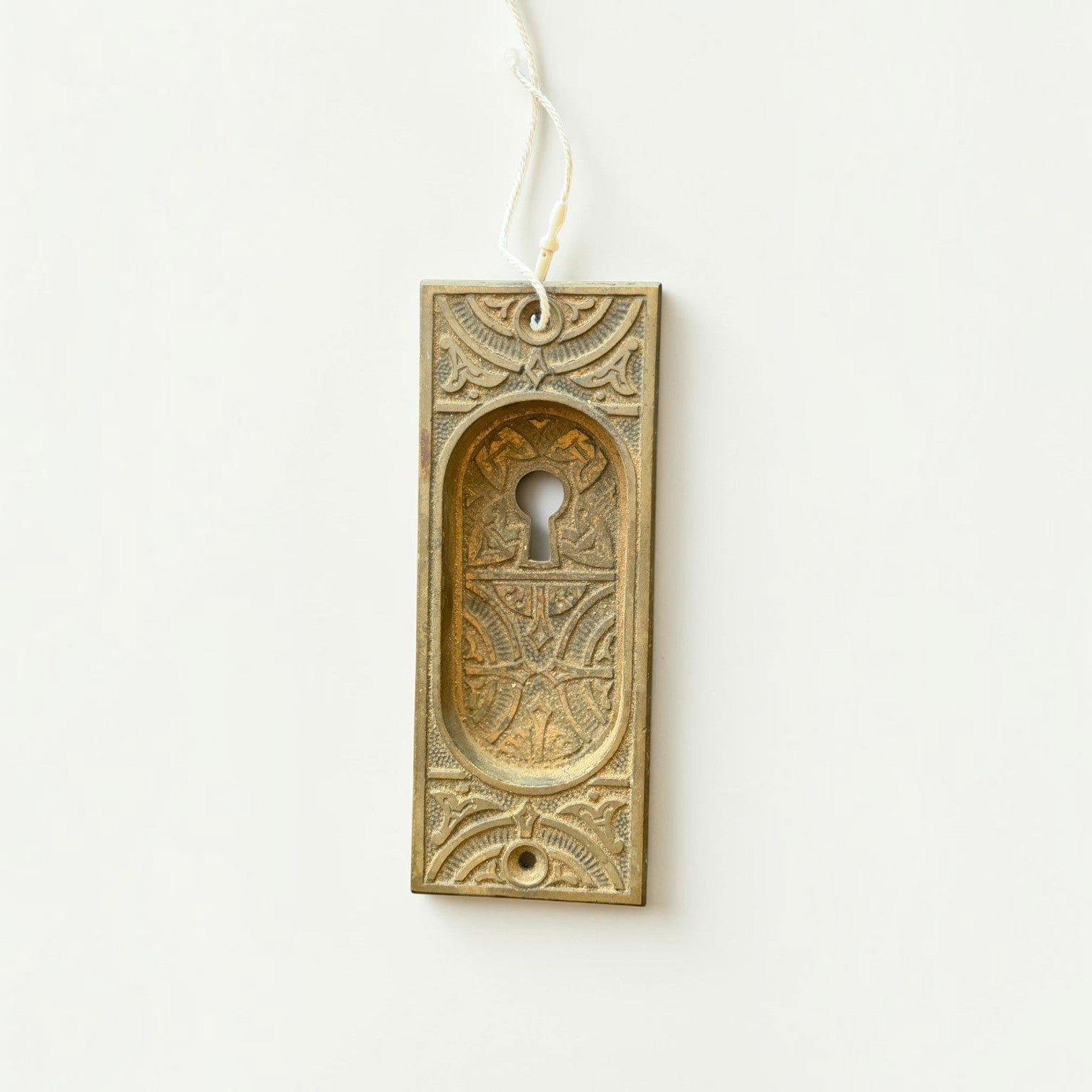 Her Good Eye ornate antique brass door escutcheon plate with intricate Victorian relief patterns and aged patina.