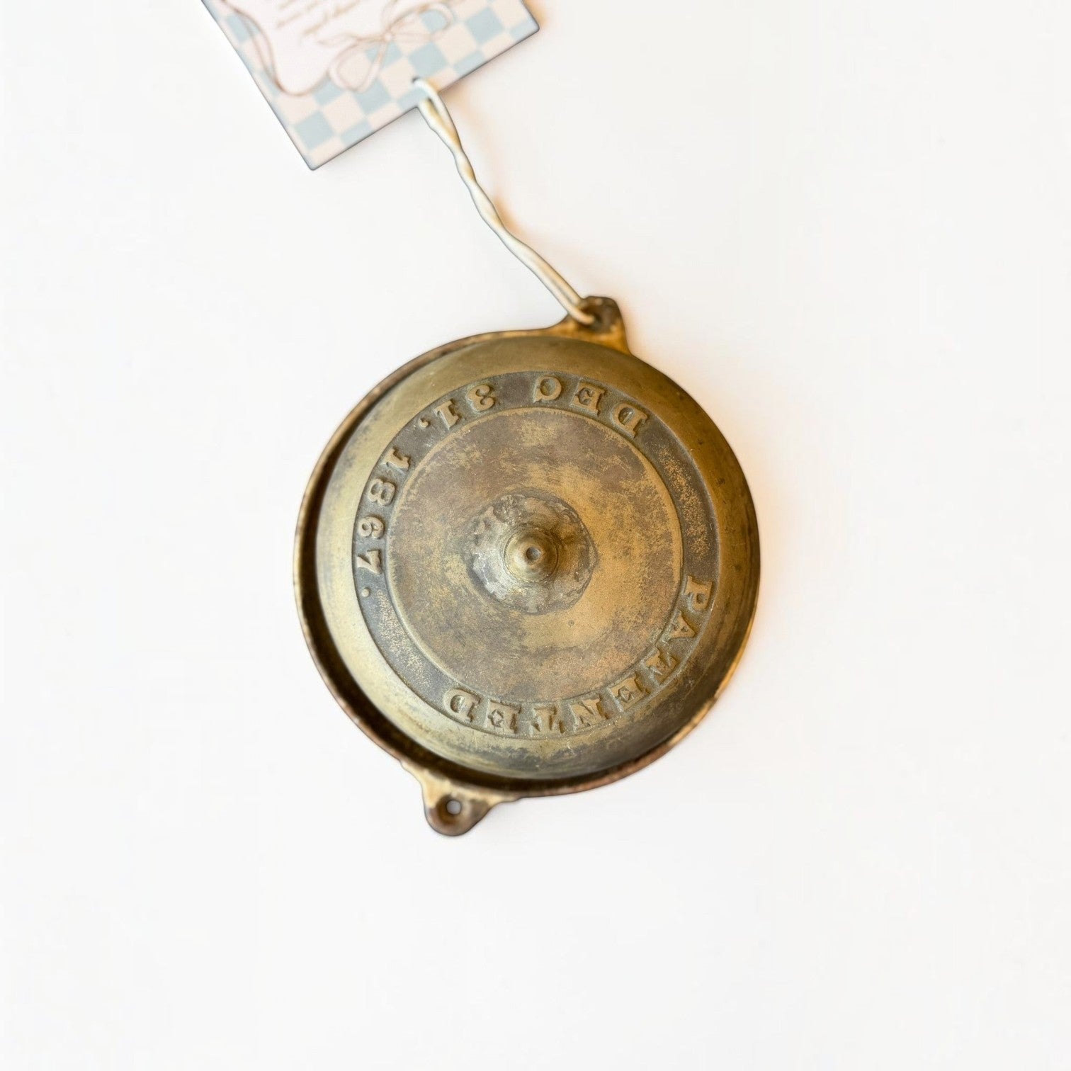 Her Good Eye vintage antique brass wall bell with embossed Patented Dec 31 1867 lettering and aged patina finish