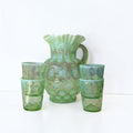 Her Good Eye vintage Fenton green opalescent coin spot glass water pitcher and four matching tumblers set