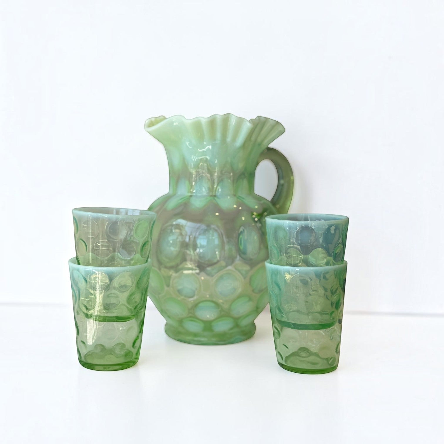 Her Good Eye vintage Fenton green opalescent coin spot glass water pitcher and four matching tumblers set