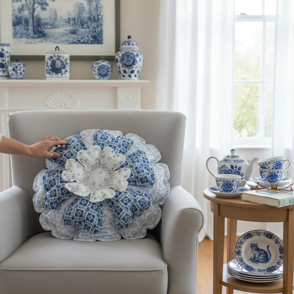 Her Good Eye blue and white floral-shaped throw pillow with layered petal design on a grey armchair.
