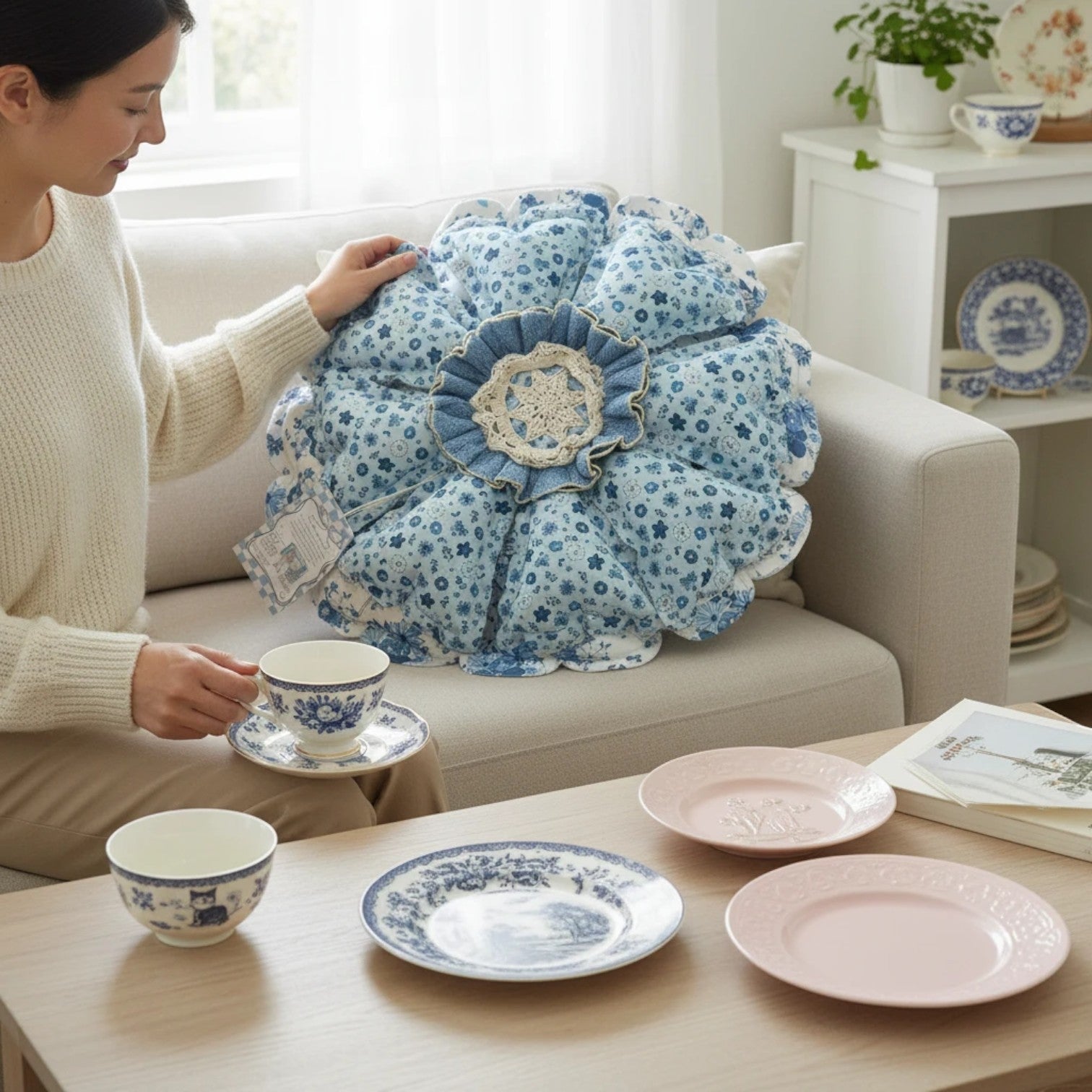 Her Good Eye blue floral fabric throw pillow with ruffled denim center and lace detail on a sofa.