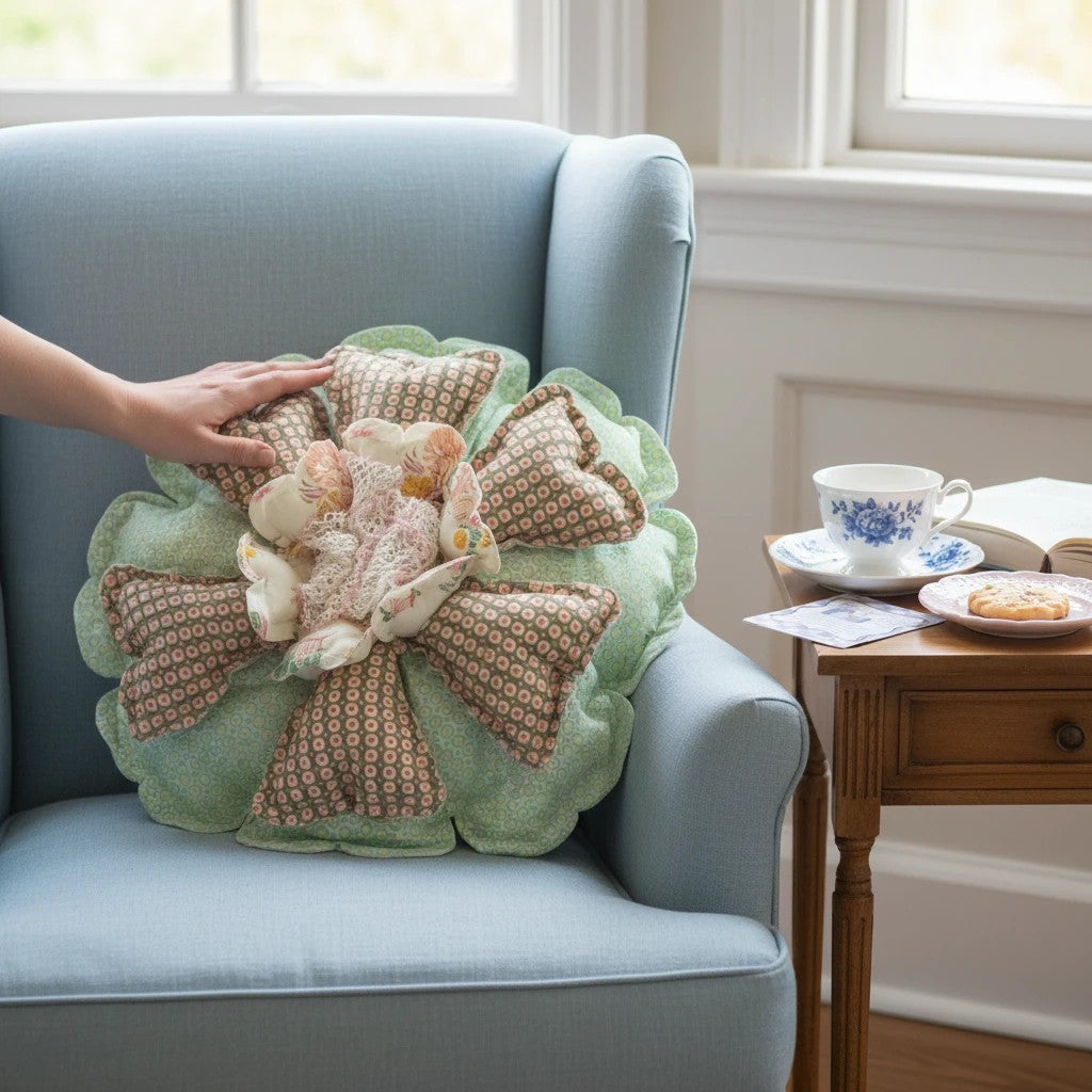 Her Good Eye flower-shaped throw pillow with mint green geometric petals, lace center, and scalloped edges on a chair.