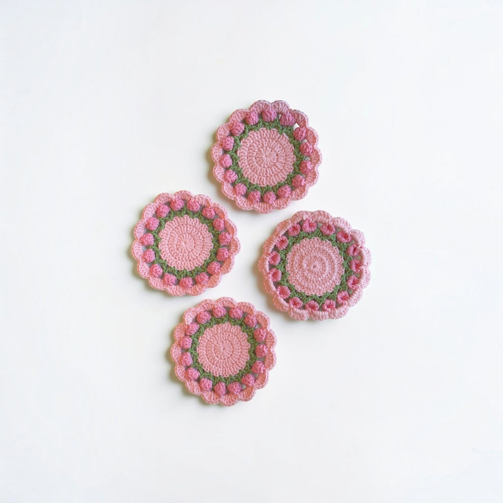 Her Good Eye handmade crochet floral coasters in pastel pink and green with intricate stitch work on a white background.