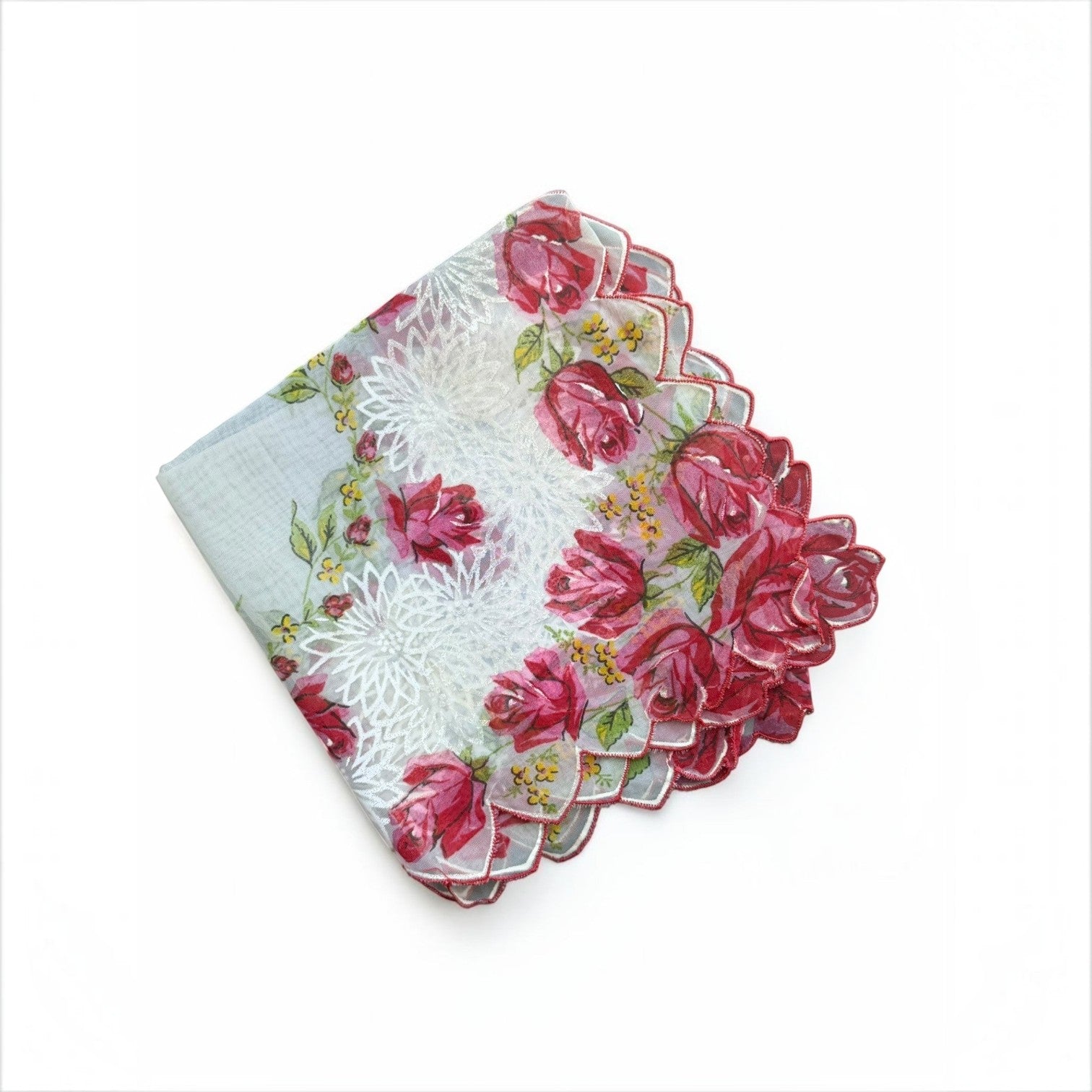 Her Good Eye vintage handkerchief with crimson roses, white lace detail, and scalloped red trim on sheer fabric.