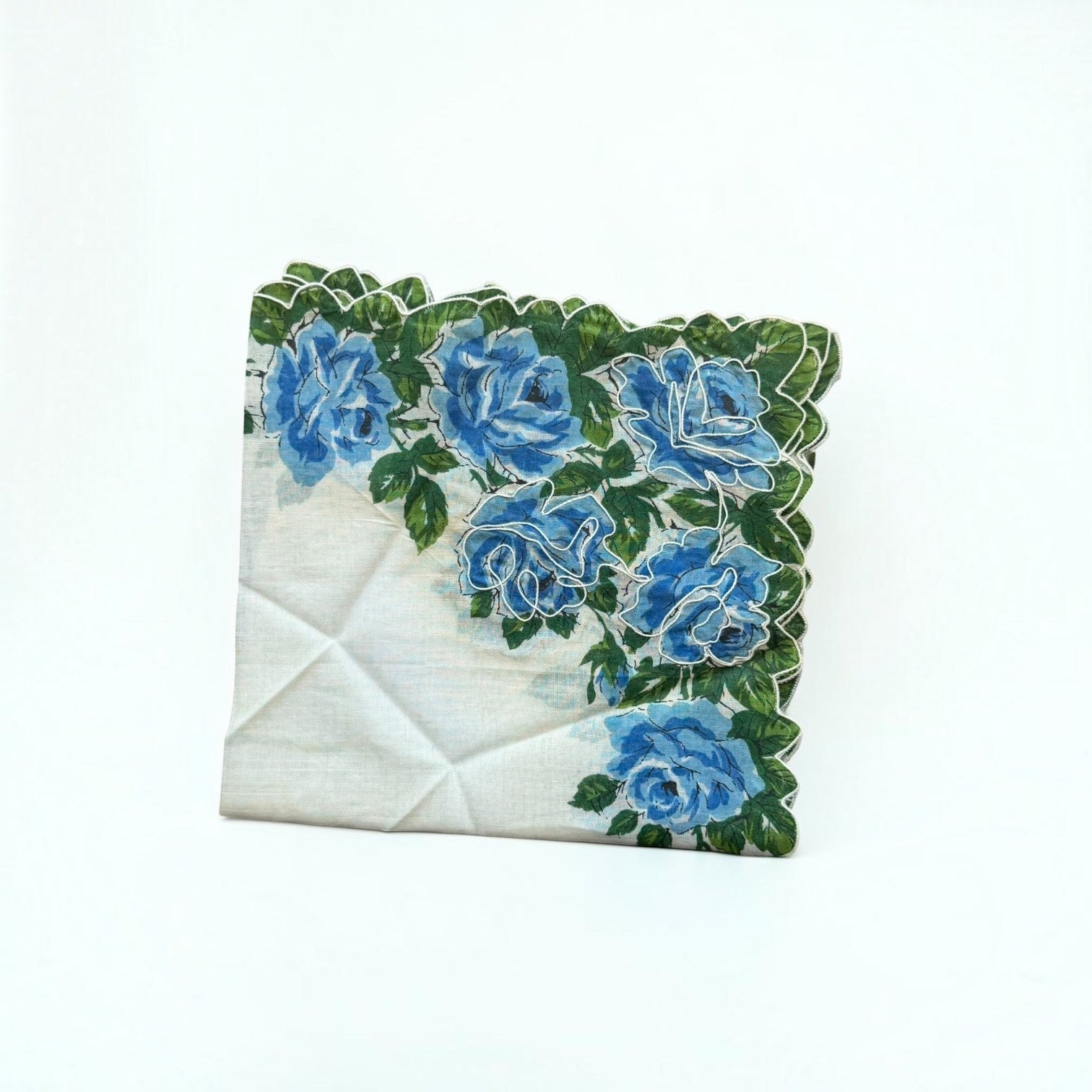 Her Good Eye vintage cotton handkerchief with blue rose floral print and elegant scalloped white trim edges.
