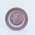 Her Good Eye ceramic dinner plate featuring a traditional cranberry red Willow pattern on a white background.